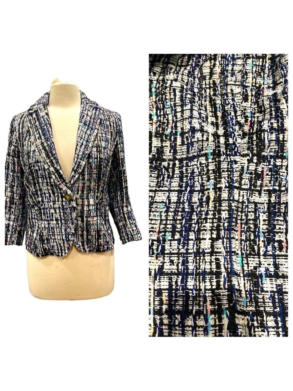 NWOT Ecru Boucle Knit Blazer SZ S Navy Cream Multi Color